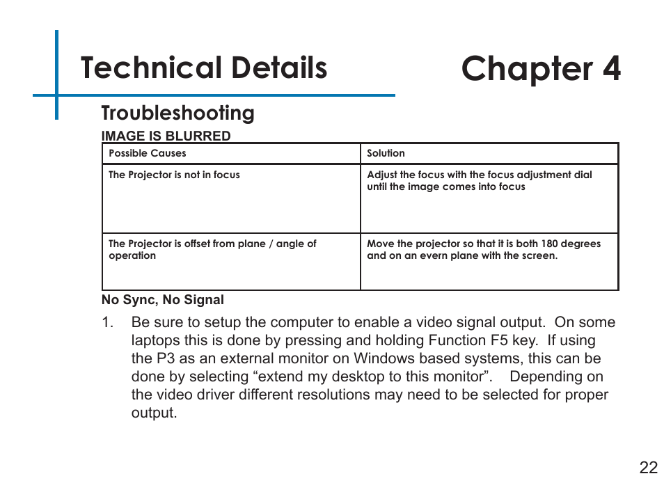 Chapter 4, Technical details, Troubleshooting | AAXA Technologies P3 User Manual | Page 24 / 28