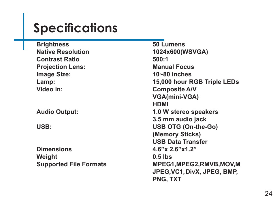 Specifications | AAXA Technologies P3 User Manual | Page 26 / 28