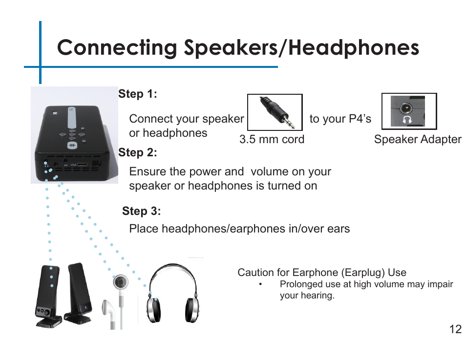 Connecting speakers/headphones | AAXA Technologies P4 User Manual | Page 15 / 36