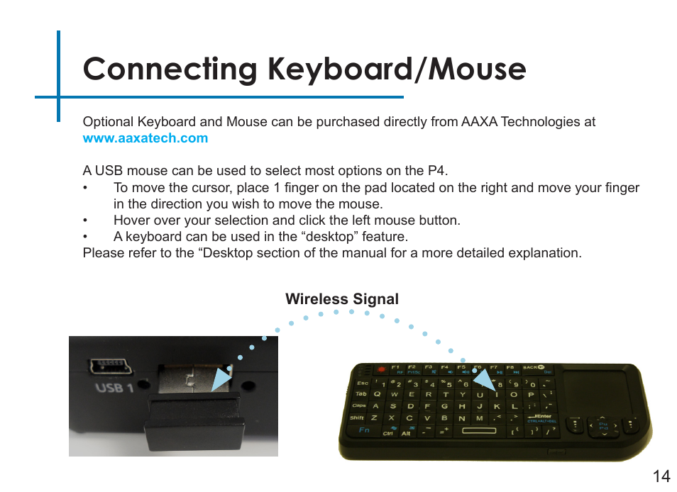 Connecting keyboard/mouse | AAXA Technologies P4 User Manual | Page 17 / 36