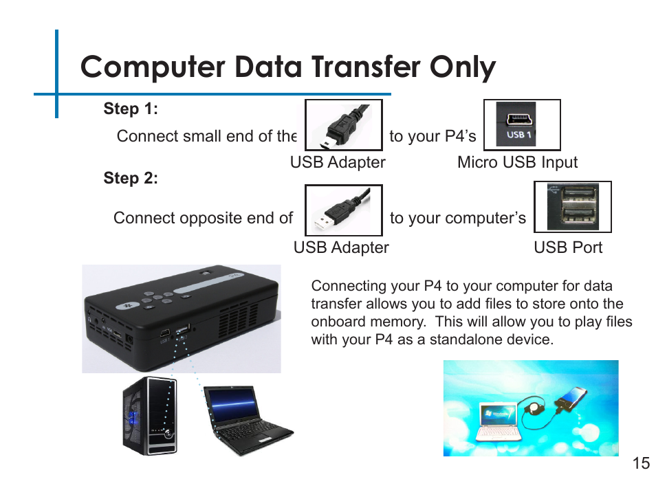 Computer data transfer only | AAXA Technologies P4 User Manual | Page 18 / 36