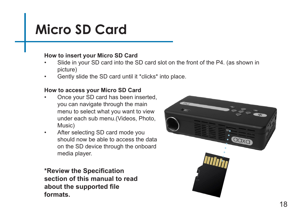 Micro sd card | AAXA Technologies P4 User Manual | Page 21 / 36
