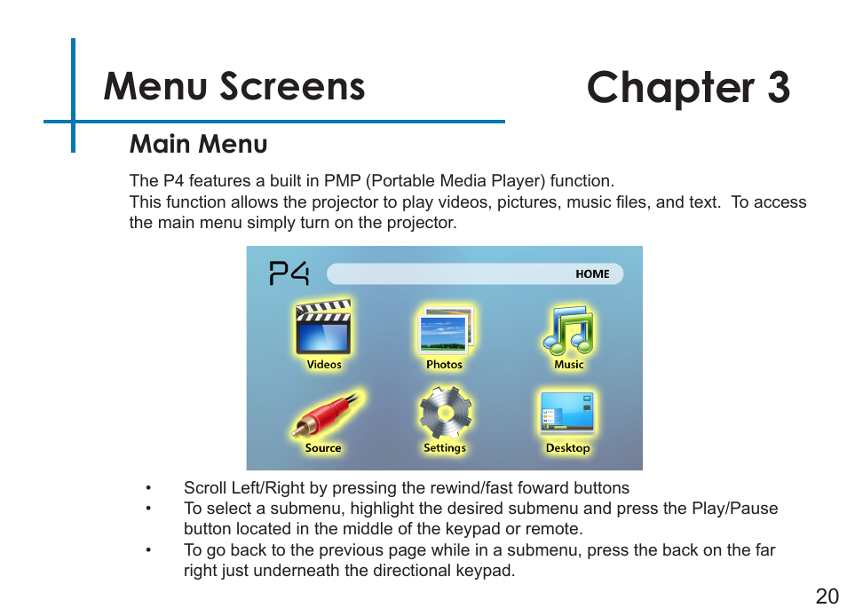 Chapter 3, Menu screens, Main menu | AAXA Technologies P4 User Manual | Page 23 / 36