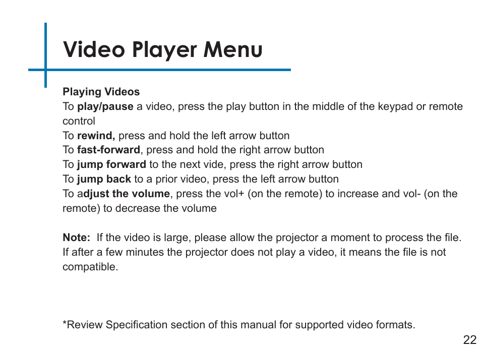 Video player menu | AAXA Technologies P4 User Manual | Page 25 / 36