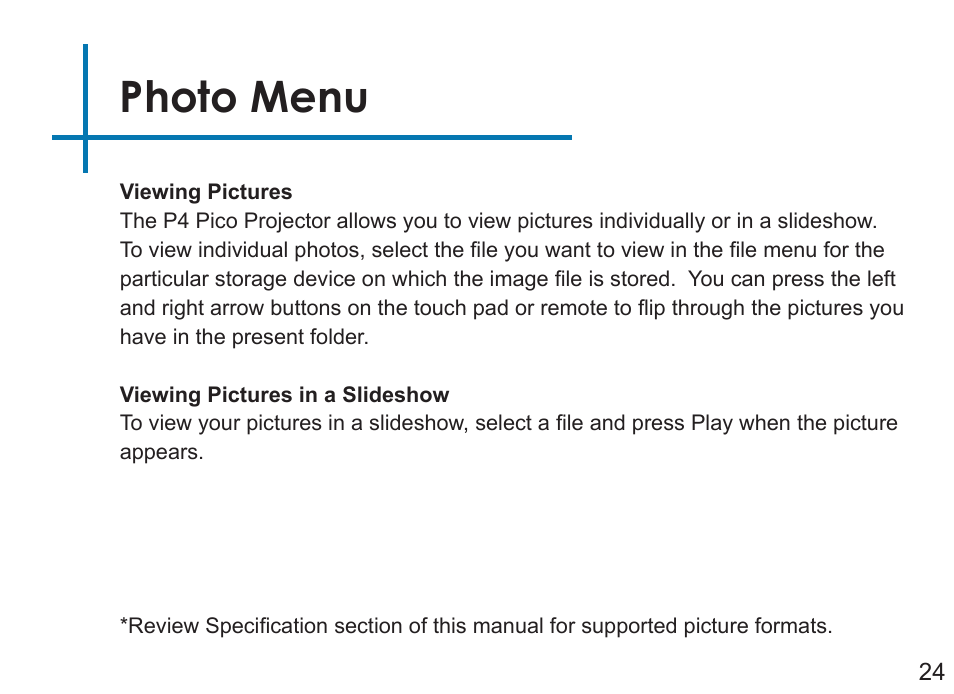 Photo menu | AAXA Technologies P4 User Manual | Page 27 / 36