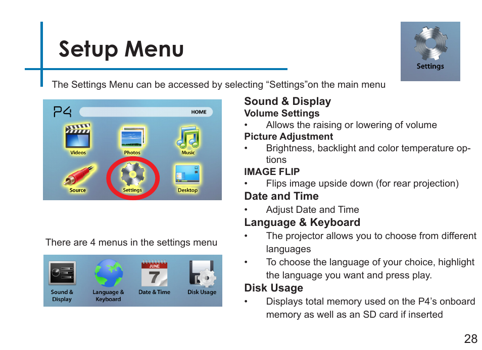 Setup menu | AAXA Technologies P4 User Manual | Page 31 / 36