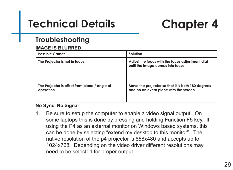 Chapter 4, Technical details, Troubleshooting | AAXA Technologies P4 User Manual | Page 32 / 36