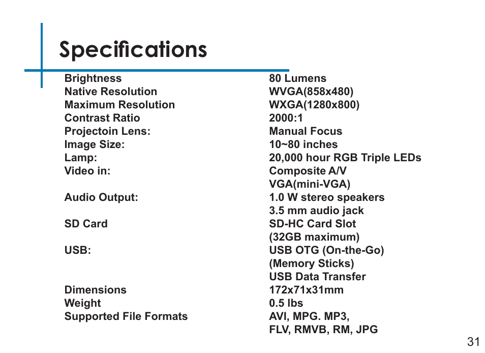 Specifications | AAXA Technologies P4 User Manual | Page 34 / 36