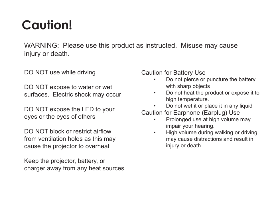 Caution | AAXA Technologies P4 Wi-Fi User Manual | Page 2 / 40