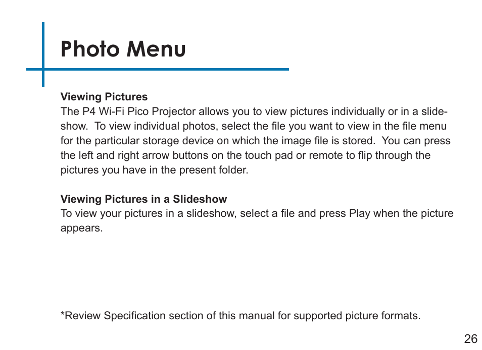Photo menu | AAXA Technologies P4 Wi-Fi User Manual | Page 29 / 40