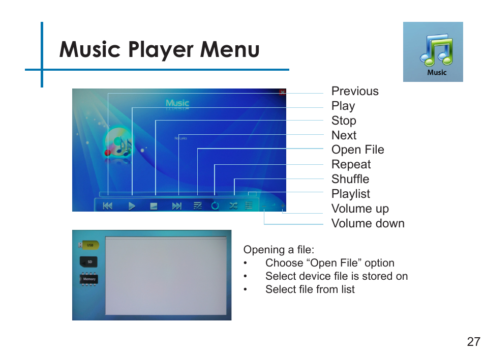 Music player menu | AAXA Technologies P4 Wi-Fi User Manual | Page 30 / 40