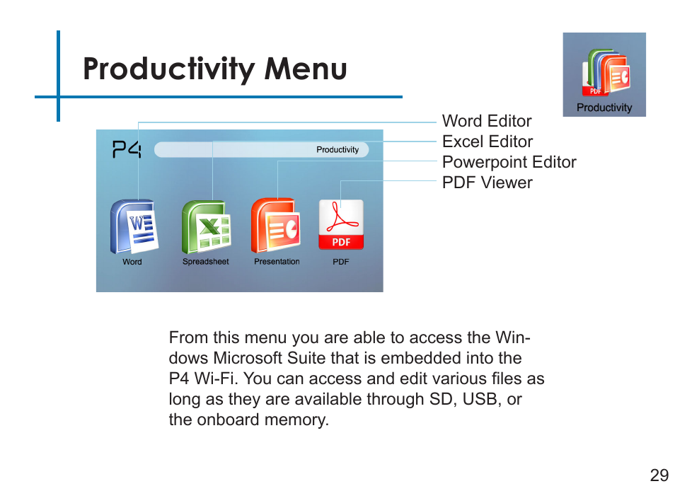 Productivity menu | AAXA Technologies P4 Wi-Fi User Manual | Page 32 / 40