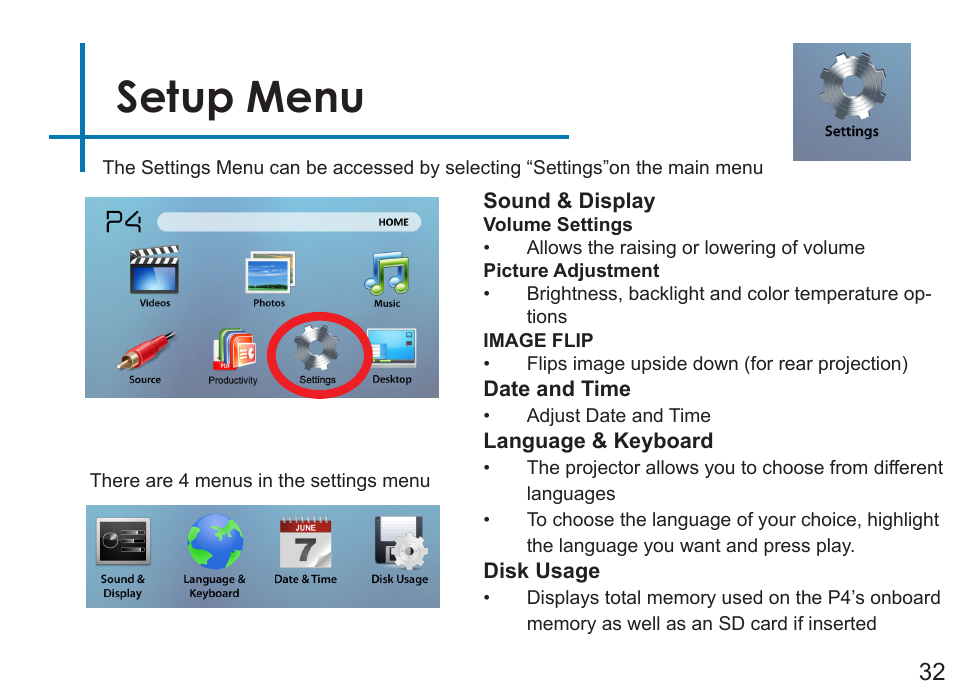 Setup menu | AAXA Technologies P4 Wi-Fi User Manual | Page 35 / 40