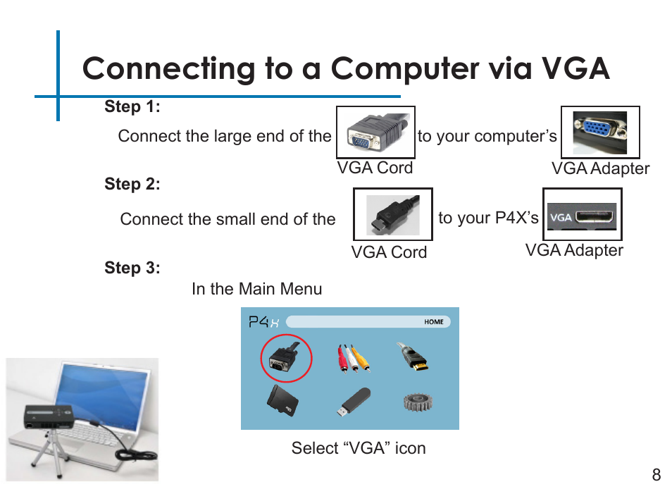 Connecting to a computer via vga | AAXA Technologies P4X User Manual | Page 10 / 36