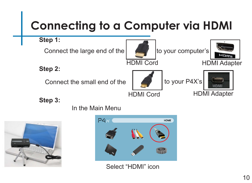Connecting to a computer via hdmi | AAXA Technologies P4X User Manual | Page 12 / 36
