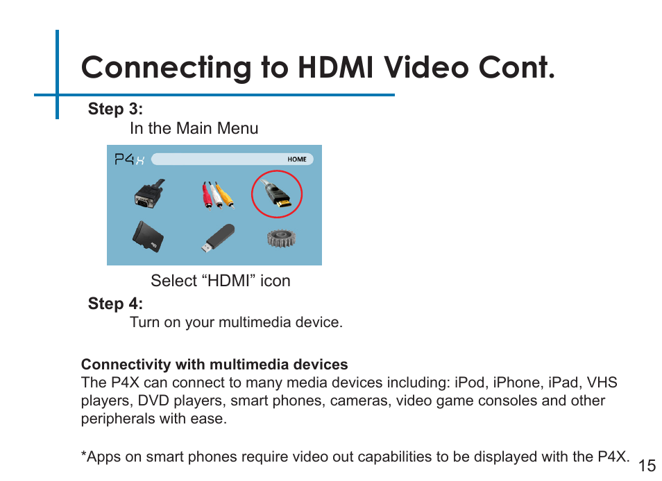 Connecting to hdmi video cont | AAXA Technologies P4X User Manual | Page 17 / 36