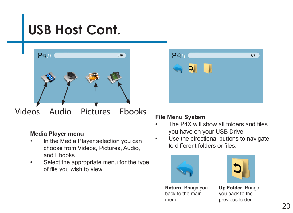 Usb host cont, Videos audio pictures ebooks | AAXA Technologies P4X User Manual | Page 22 / 36
