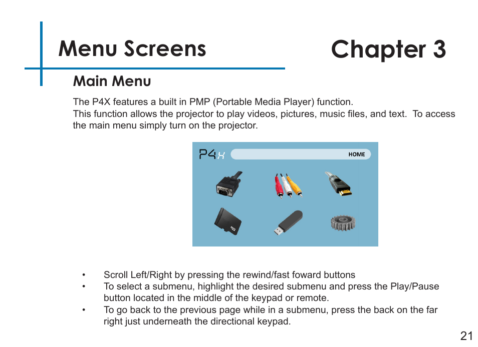 Chapter 3, Menu screens, Main menu | AAXA Technologies P4X User Manual | Page 23 / 36