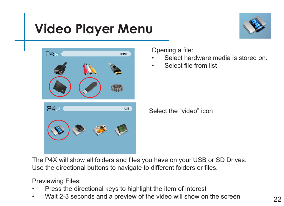 Video player menu | AAXA Technologies P4X User Manual | Page 24 / 36