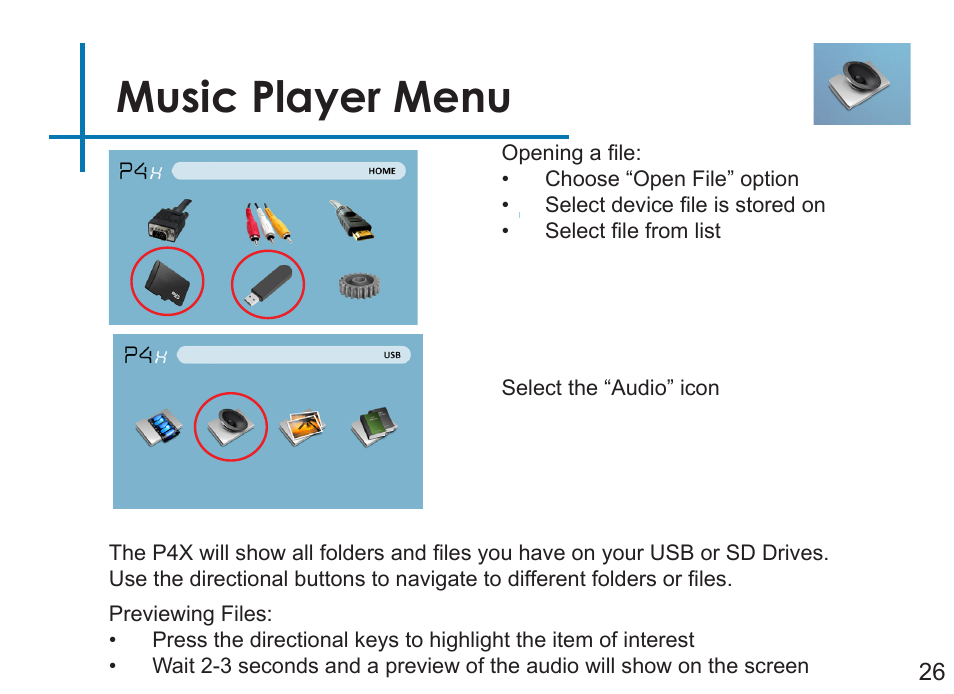 Music player menu | AAXA Technologies P4X User Manual | Page 28 / 36