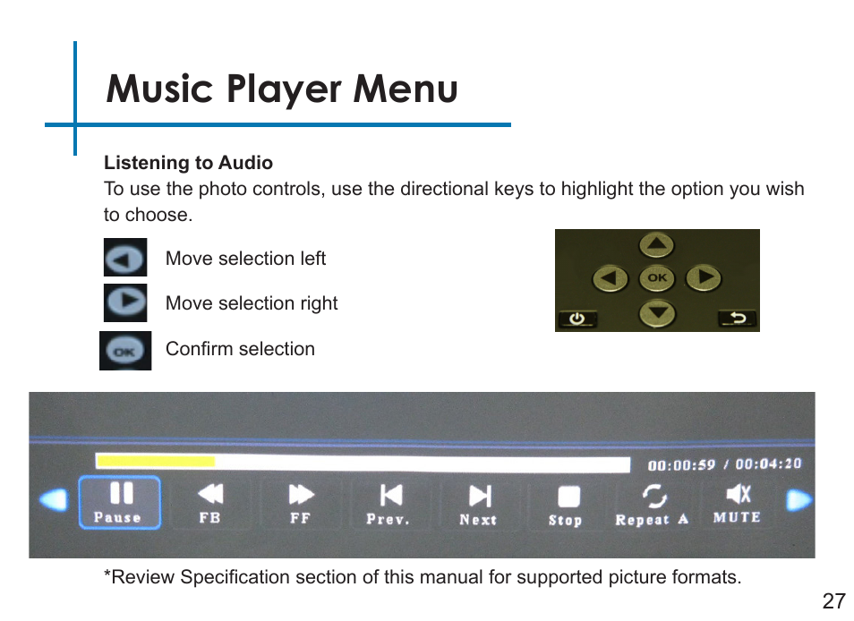 Music player menu | AAXA Technologies P4X User Manual | Page 29 / 36