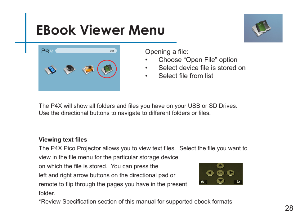 Ebook viewer menu | AAXA Technologies P4X User Manual | Page 30 / 36