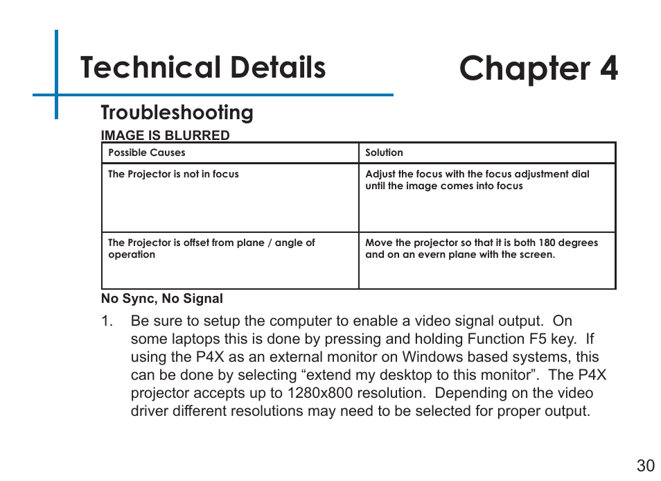 Chapter 4, Technical details, Troubleshooting | AAXA Technologies P4X User Manual | Page 32 / 36