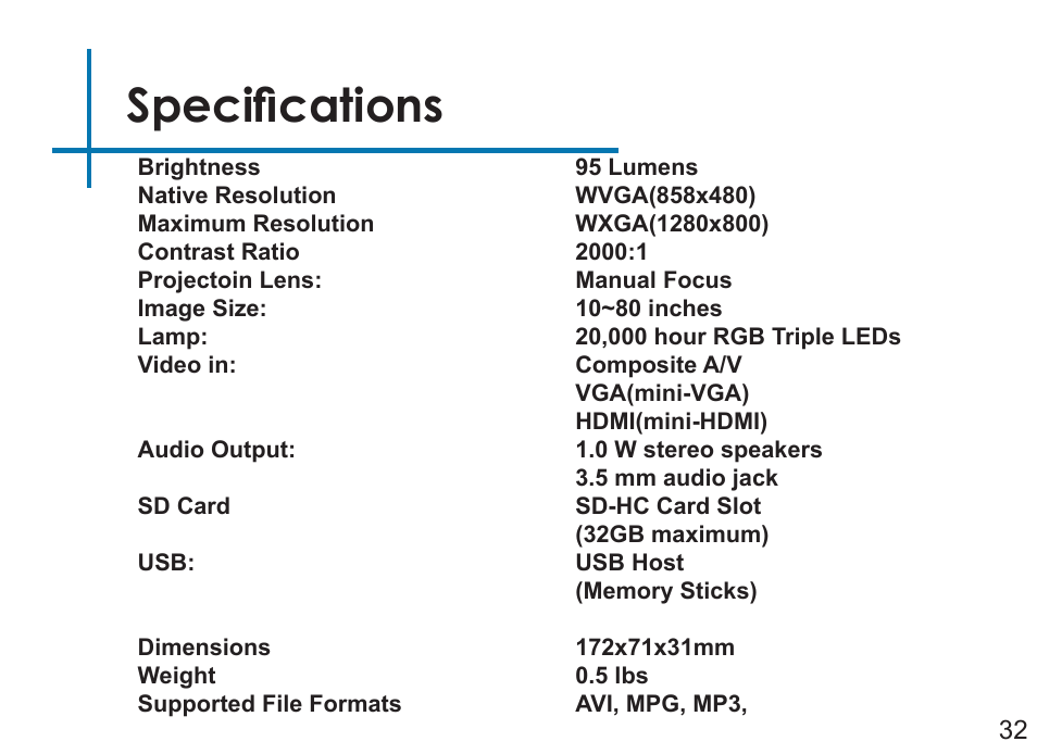 Specifications | AAXA Technologies P4X User Manual | Page 34 / 36