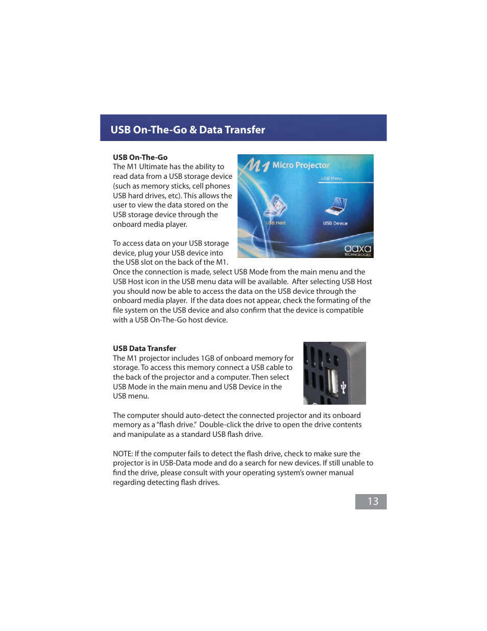 Usb on-the-go & data transfer 13 | AAXA Technologies M1 Ultimate User Manual | Page 14 / 18