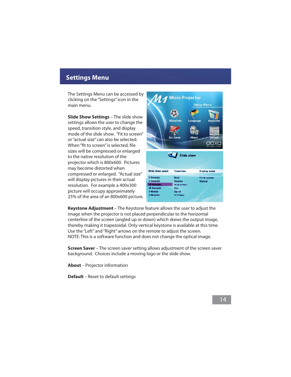 Settings menu 14 | AAXA Technologies M1 Ultimate User Manual | Page 15 / 18