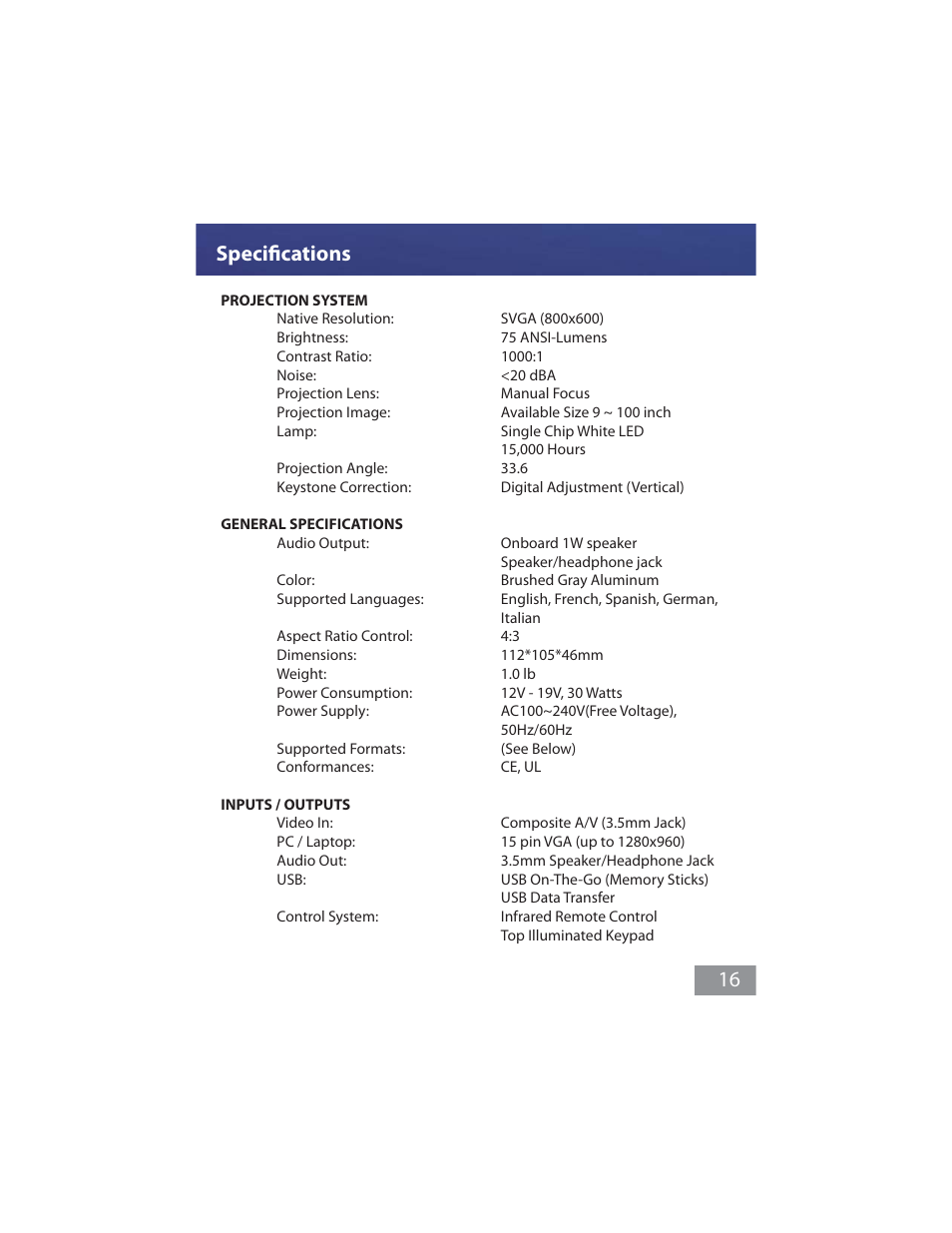 Specifications 16 | AAXA Technologies M1 Ultimate User Manual | Page 17 / 18