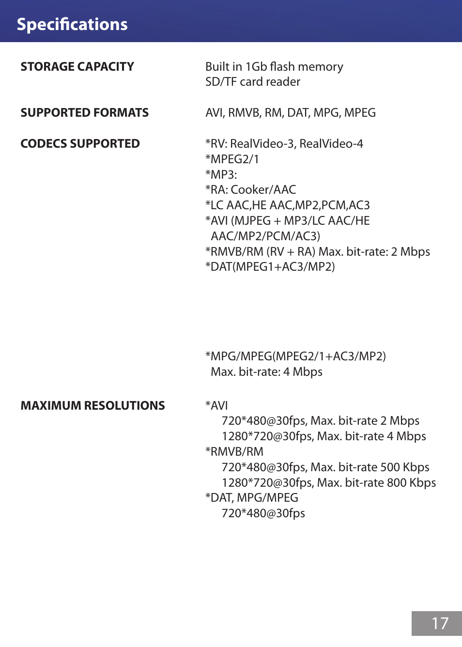 Specifications 17 | AAXA Technologies M1 Ultimate User Manual | Page 18 / 18