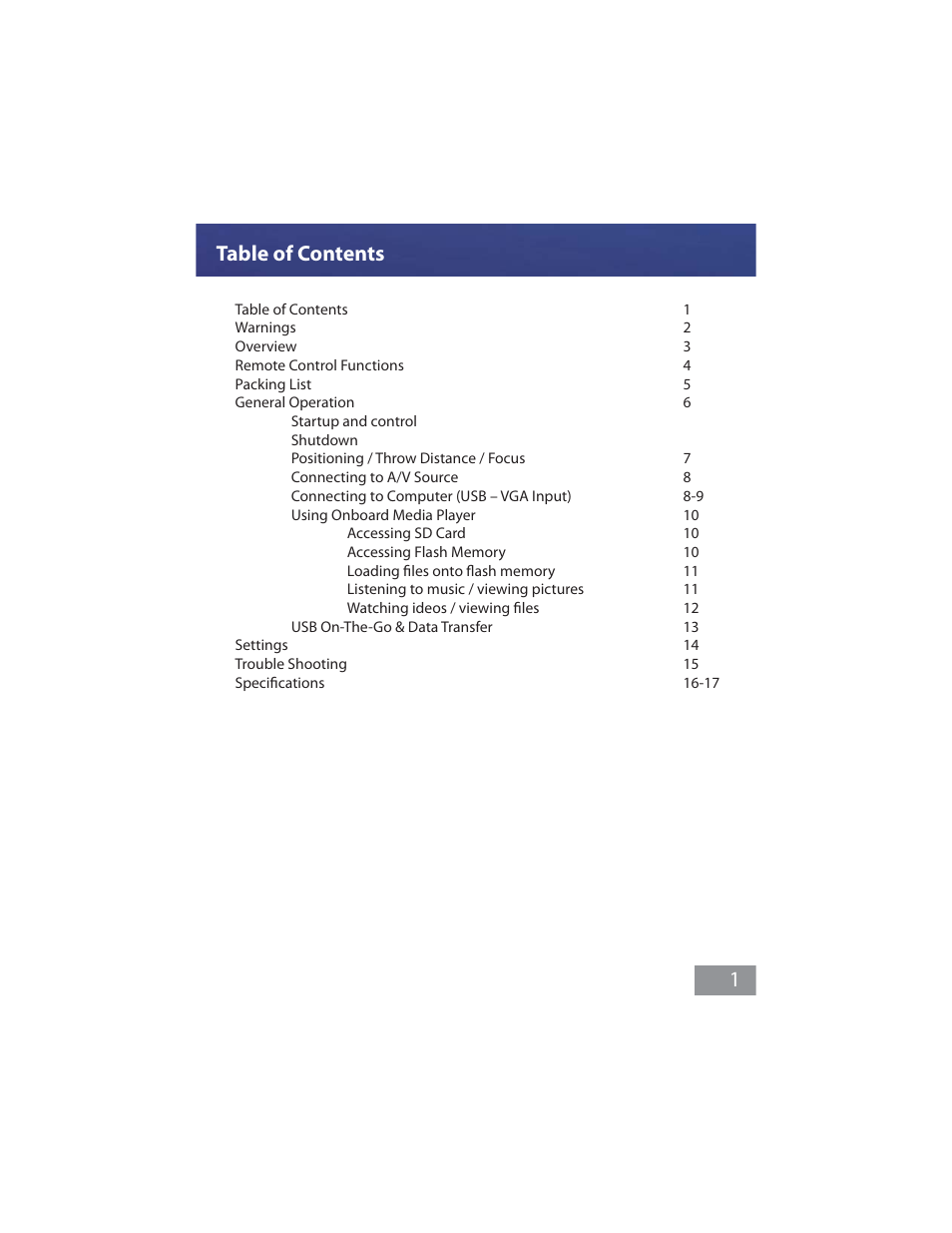 Table of contents 1 | AAXA Technologies M1 Ultimate User Manual | Page 2 / 18