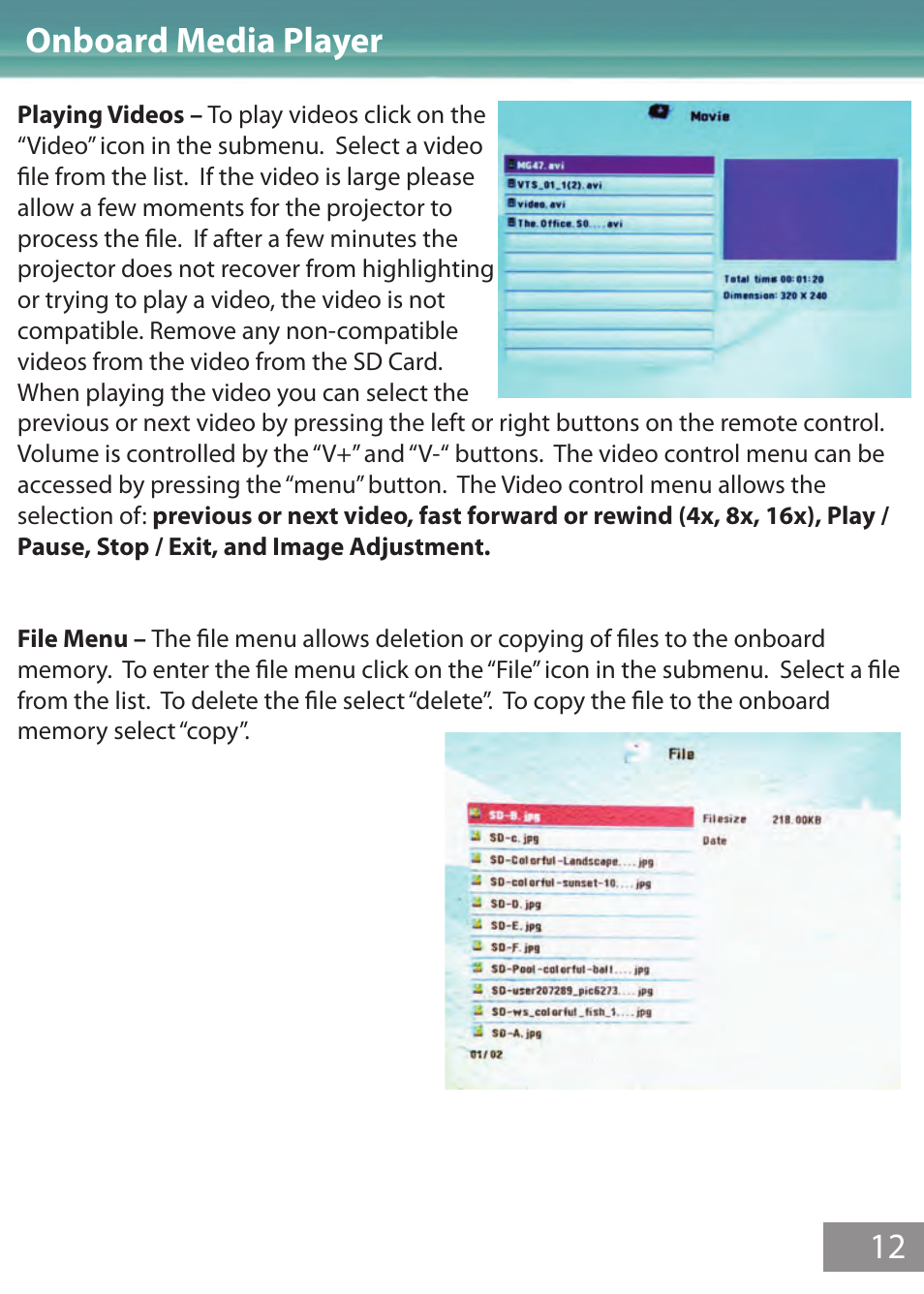 Omp-vid-file, Onboard media player 12 | AAXA Technologies M1 Limited User Manual | Page 13 / 17