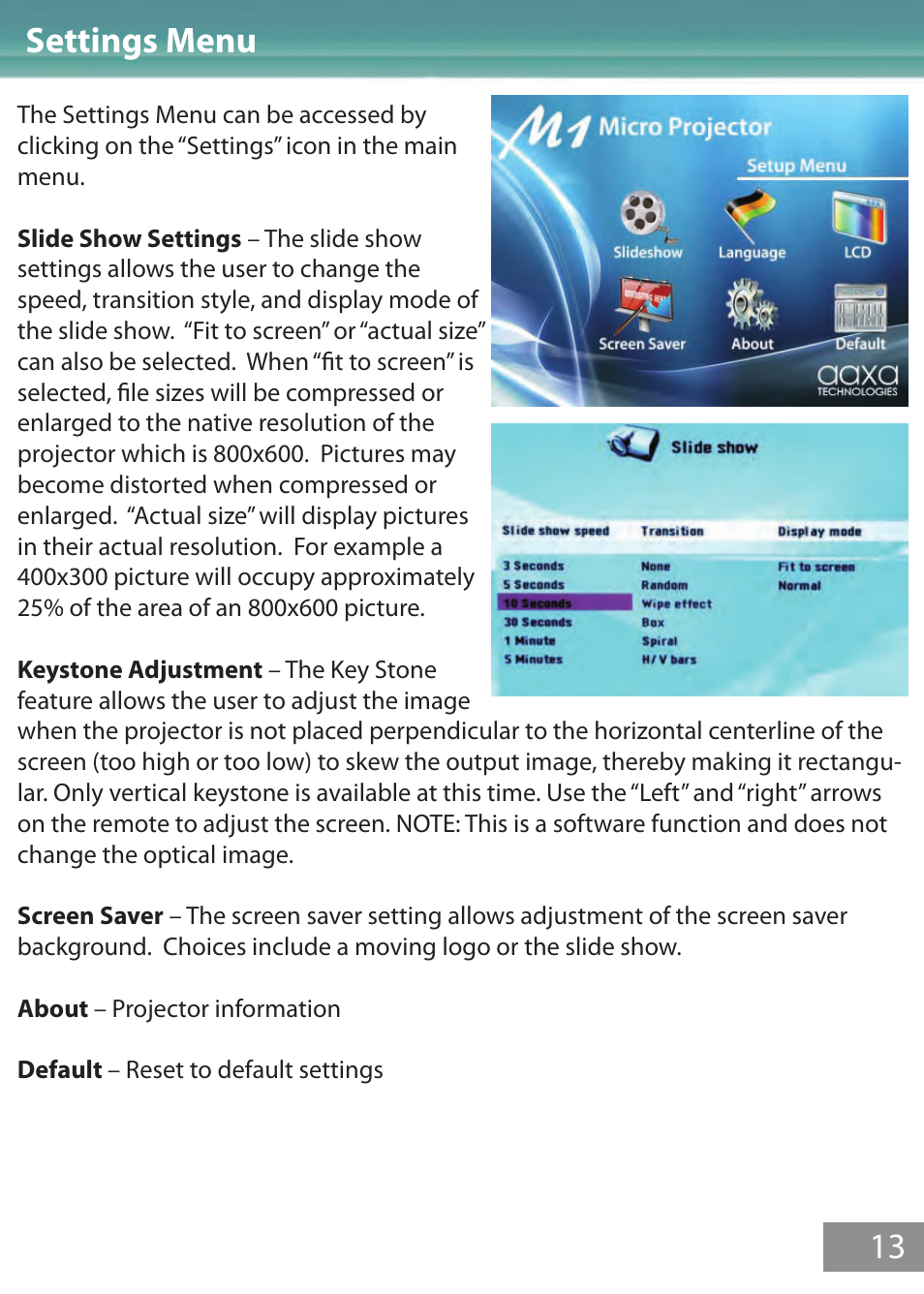 Settings, Settings menu 13 | AAXA Technologies M1 Limited User Manual | Page 14 / 17