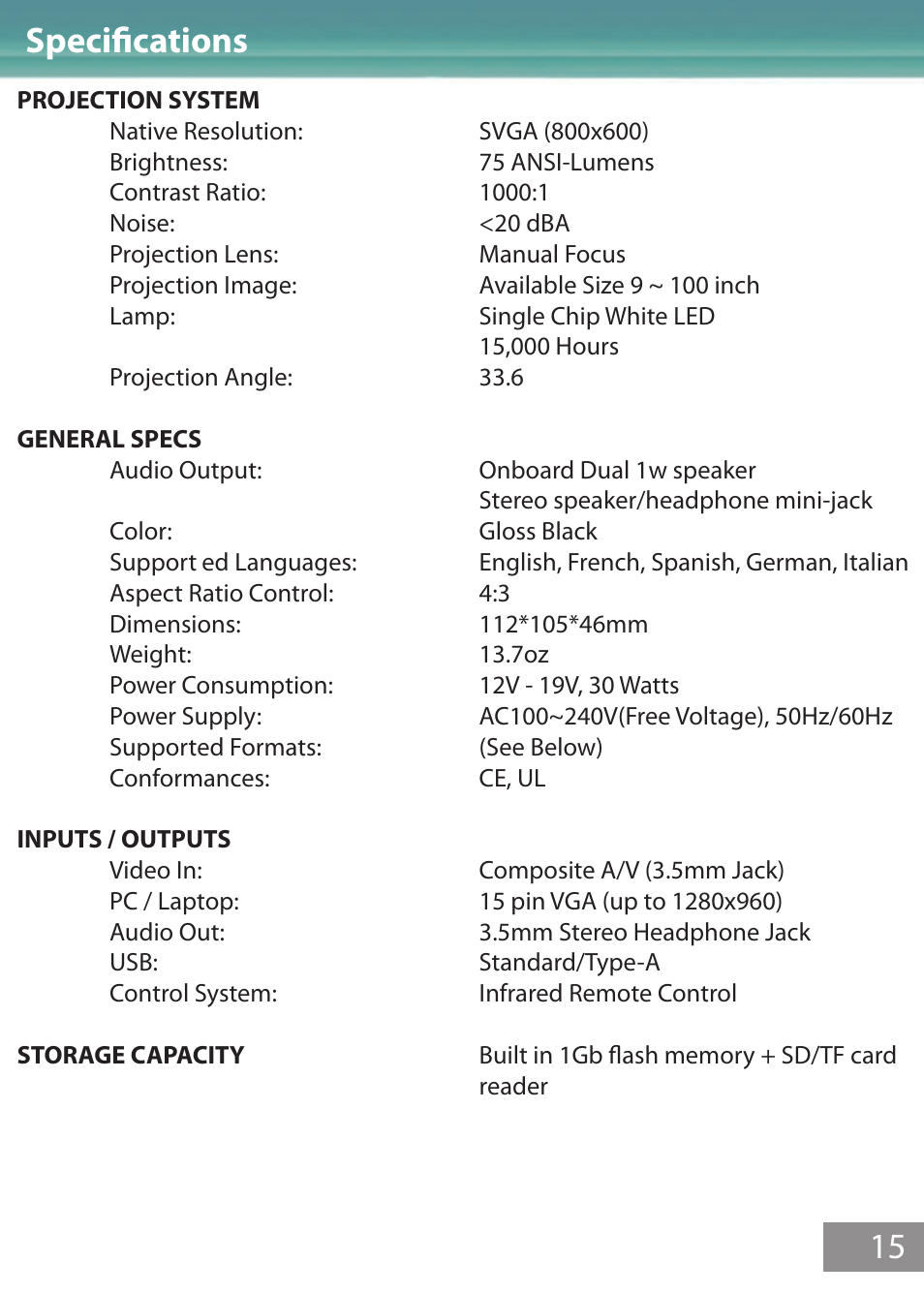 Specifications, Specifications 15 | AAXA Technologies M1 Limited User Manual | Page 16 / 17