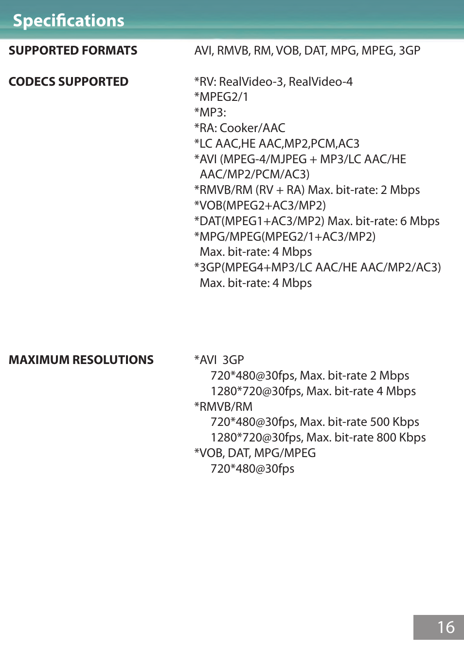 Specifications, Specifications 16 | AAXA Technologies M1 Limited User Manual | Page 17 / 17