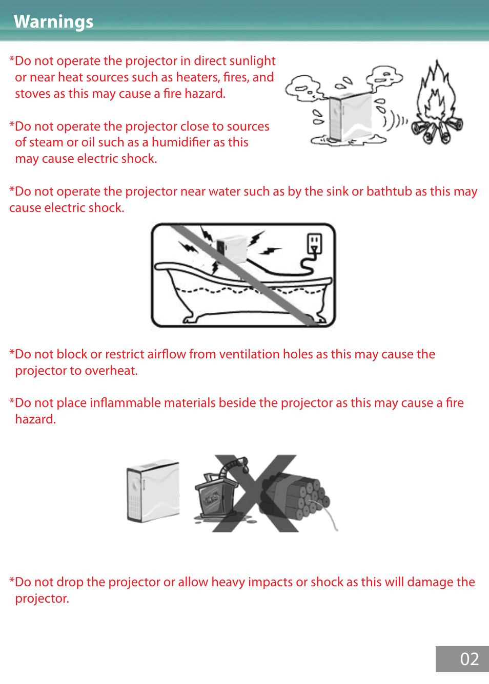 Warnings, Warnings 02 | AAXA Technologies M1 Limited User Manual | Page 3 / 17