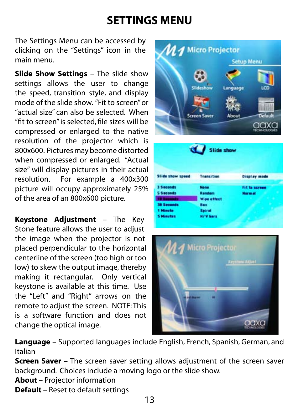 Settings menu | AAXA Technologies M1 Plus User Manual | Page 14 / 17