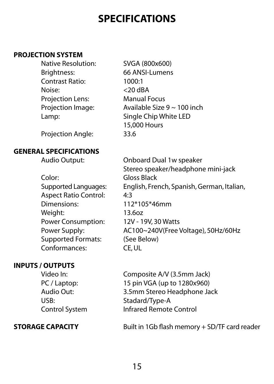 Specifications | AAXA Technologies M1 Plus User Manual | Page 16 / 17