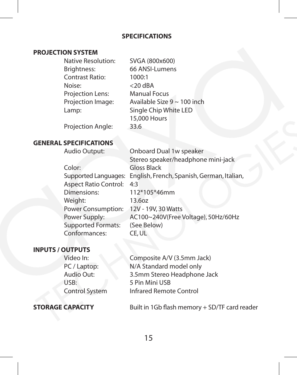 AAXA Technologies M1 Standard User Manual | Page 15 / 16