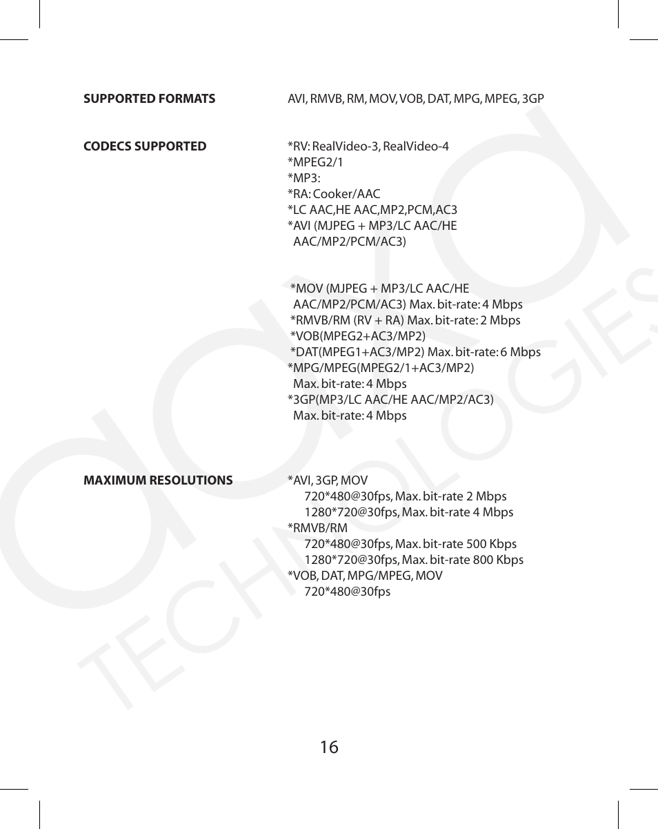 AAXA Technologies M1 Standard User Manual | Page 16 / 16