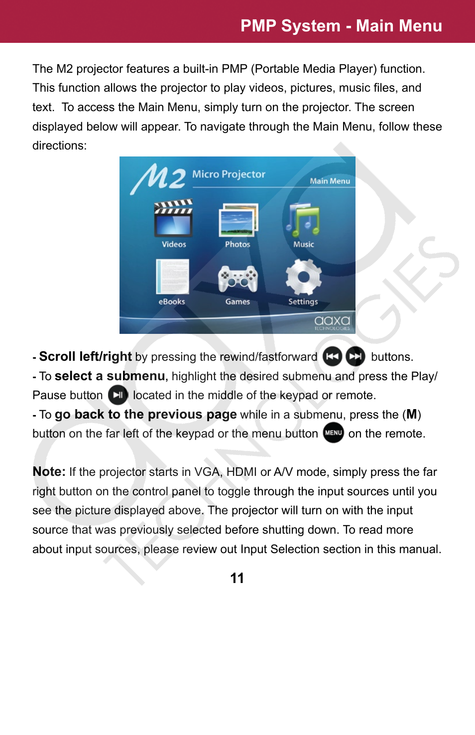 Pmp system - main menu | AAXA Technologies M2 User Manual | Page 11 / 28