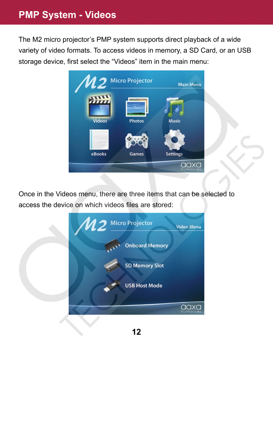Pmp system - videos | AAXA Technologies M2 User Manual | Page 12 / 28
