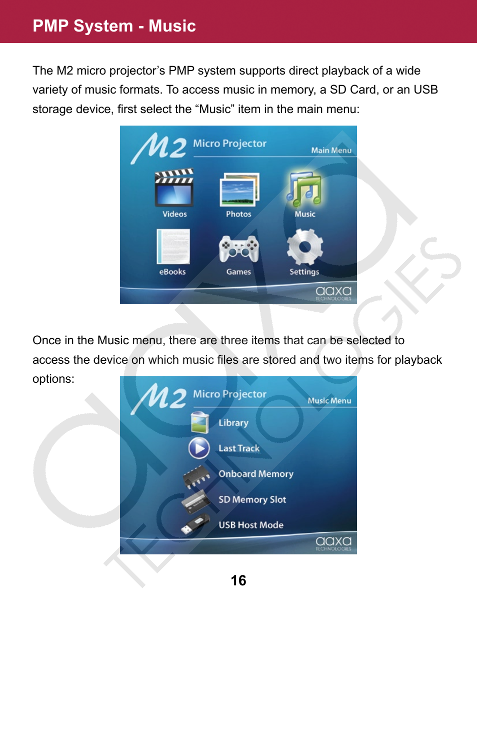 Pmp system - music | AAXA Technologies M2 User Manual | Page 16 / 28