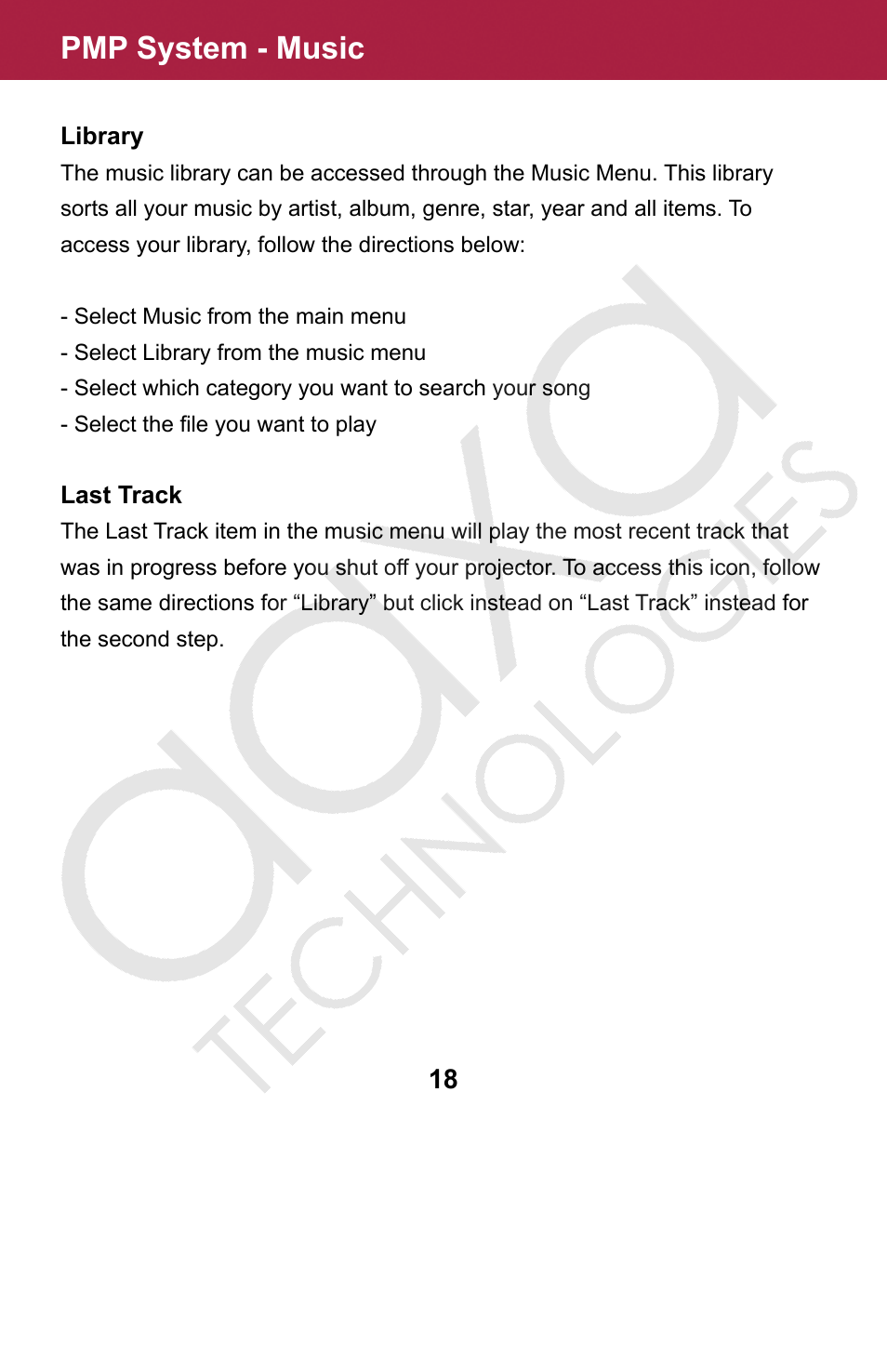 Pmp system - music | AAXA Technologies M2 User Manual | Page 18 / 28