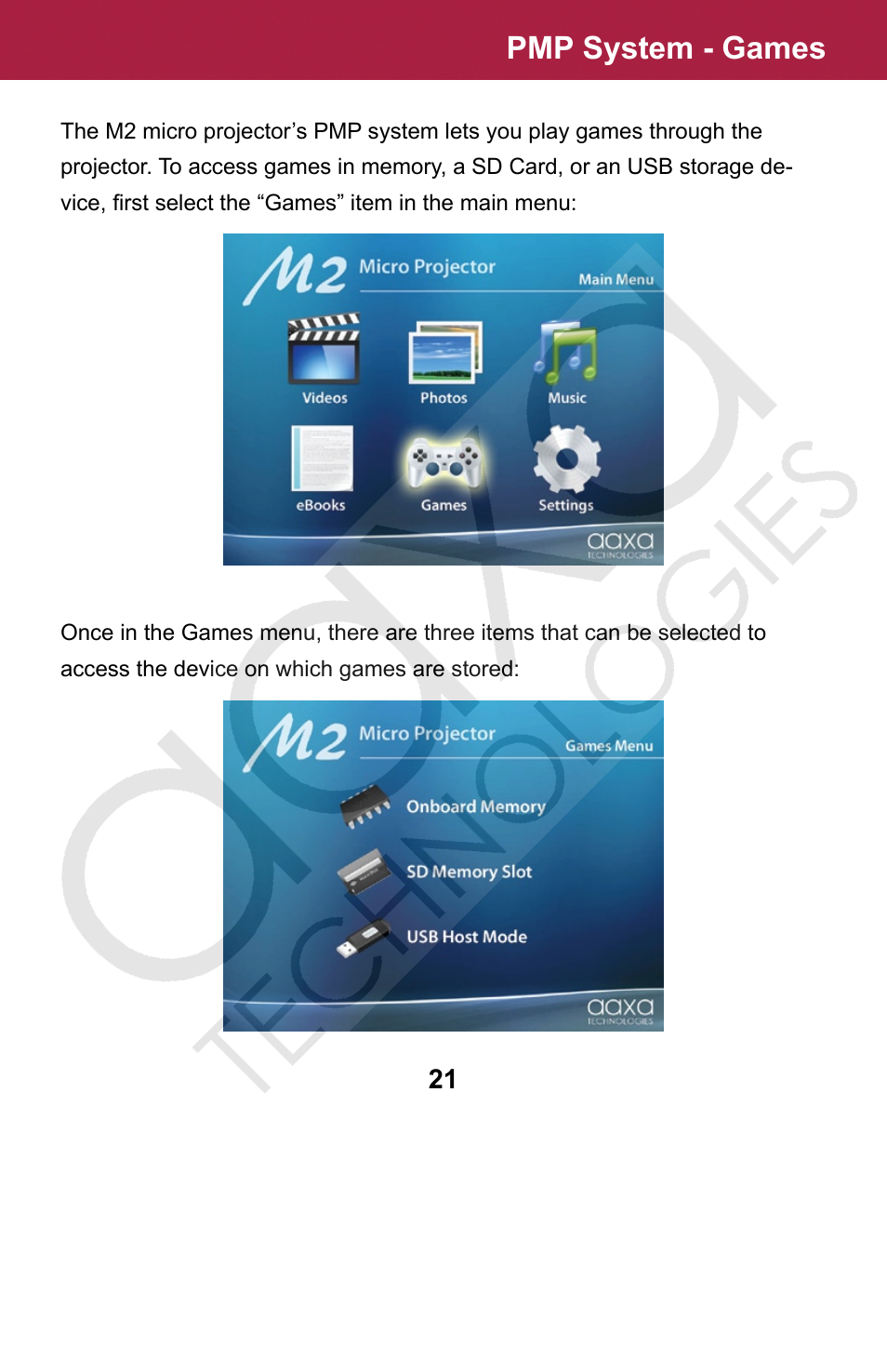 Pmp system - games | AAXA Technologies M2 User Manual | Page 21 / 28