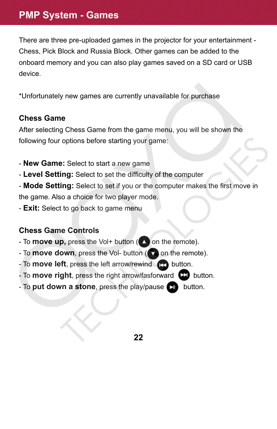 Pmp system - games | AAXA Technologies M2 User Manual | Page 22 / 28