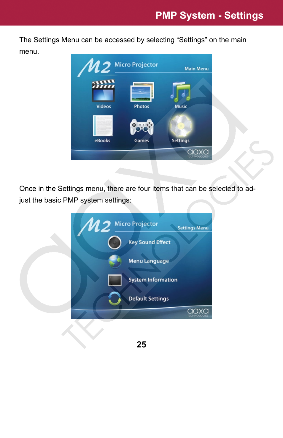 Pmp system - settings | AAXA Technologies M2 User Manual | Page 25 / 28