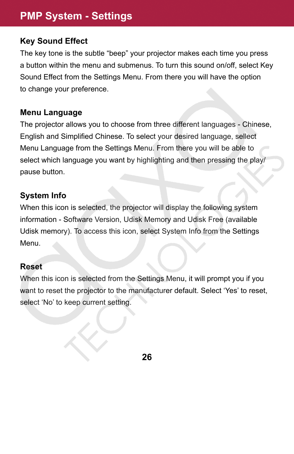Pmp system - settings | AAXA Technologies M2 User Manual | Page 26 / 28